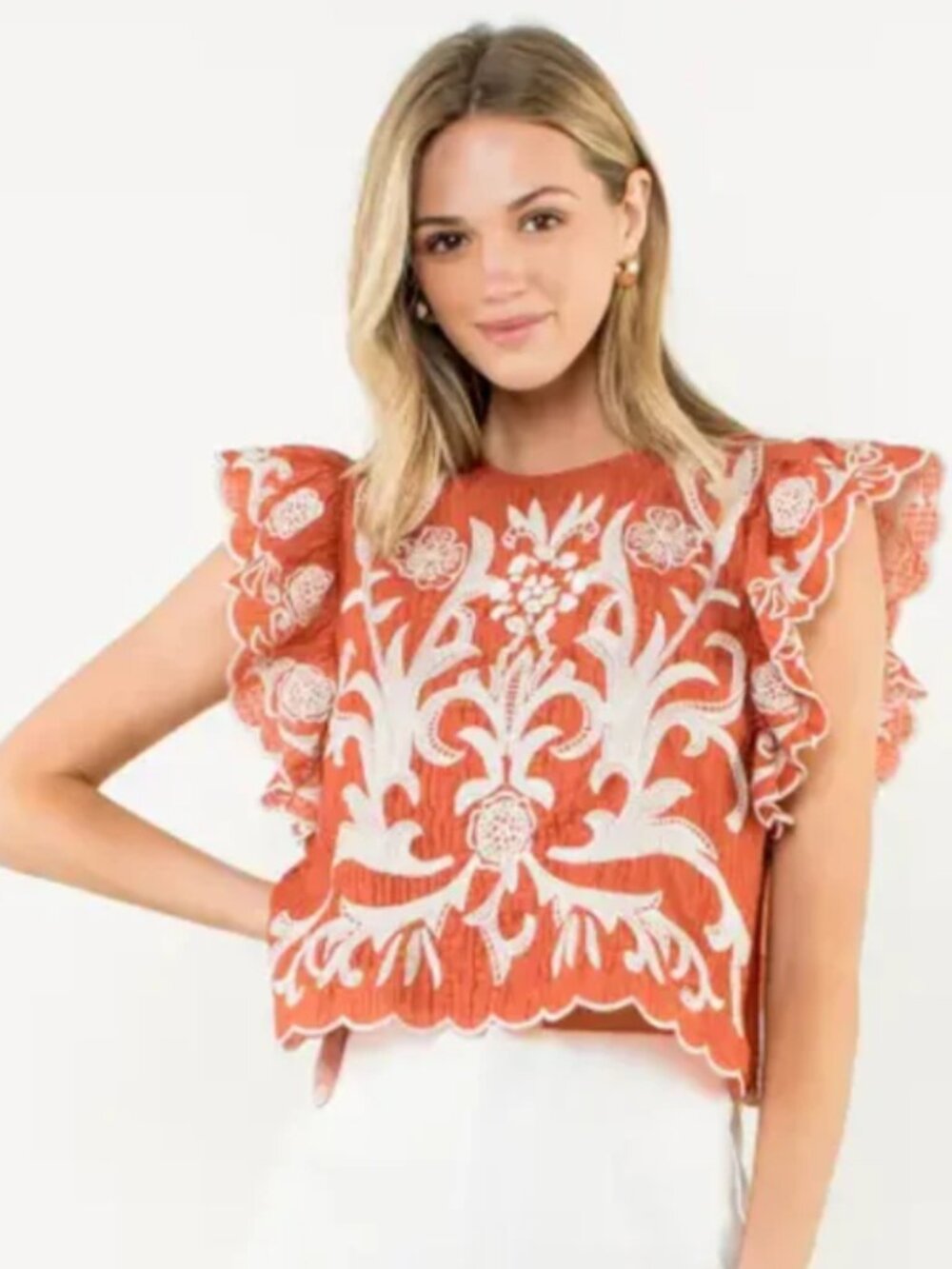 THML Burnt Orange Embroidered Ruffle Sleeve Top - Picture 4 of 6